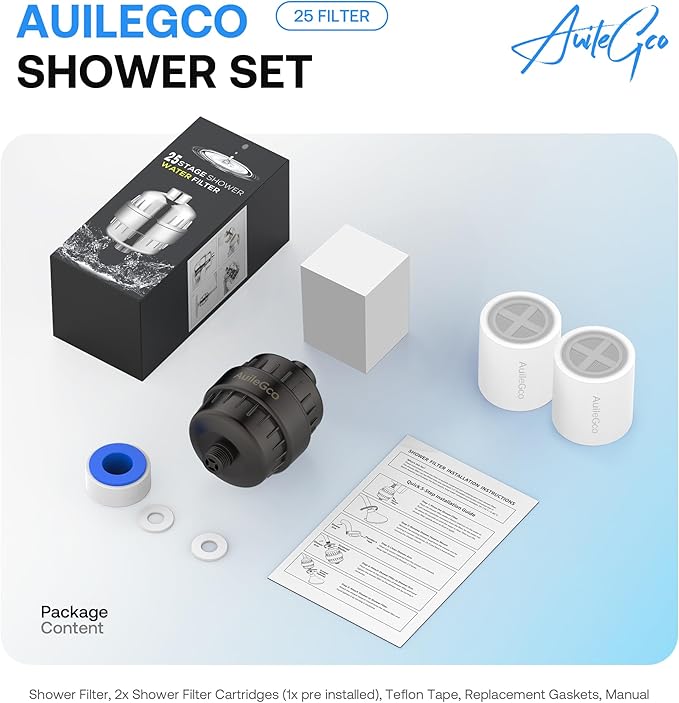25 Stage AuileGco High Output Shower Filter, Equipped with a Replaceable Cartridge, Improves The Condition of Your Skin, Hair and Nails-Shower Head Filter for Hard Water,Chlorine