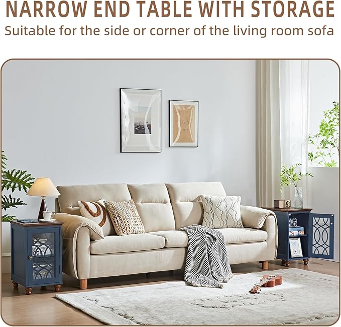 Narrow Side Table with Glass Door, 18 x 14'' Night Stand with Adjustable Shelf Storage Cabinet Organizer, Bedside End Tables Wood Nightstand for Small Spaces Living Room Bedroom