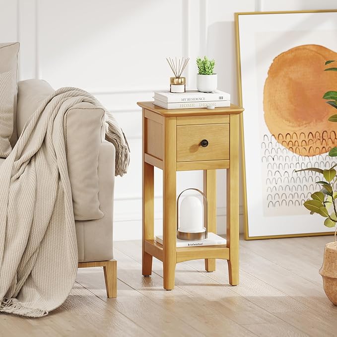 Giantex Narrow End Tables with Drawer Set of 2, 23.5" H Side Table w/Open Storage Shelf & Solid Wood Frame, Small Night Stands for Dorm Living Room, Bedroom, Small Spaces, No Assembly Needed, Natural