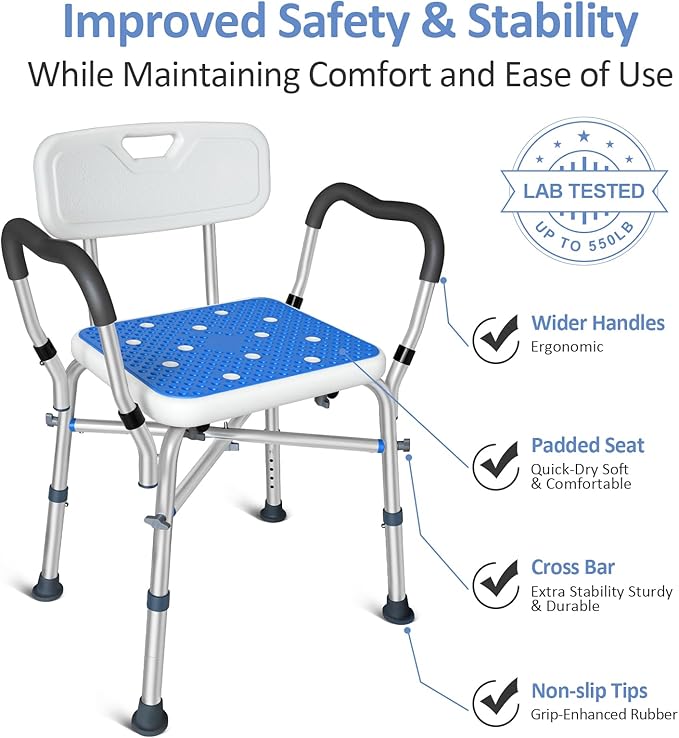 KingPavonini Shower Chair for Inside Shower, 550LBs Heavy Duty Bath Chair with Arms, Medical Shower Seat, Bath Stool Safety Shower Bench with Reinforced Crossing Bar for Elderly, Adults, Disabled