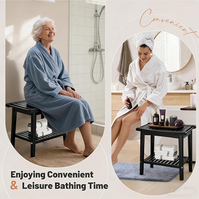 Bamboo Shower Bench with Storage Shelf, Waterproof Bath Stool for Bathroom, Spa Chair for Sitting, Shaving Legs, Elderly & Senior Safe, Heavy-Duty Bath Bench Chair, 23", 300 lbs Capacity (Black)