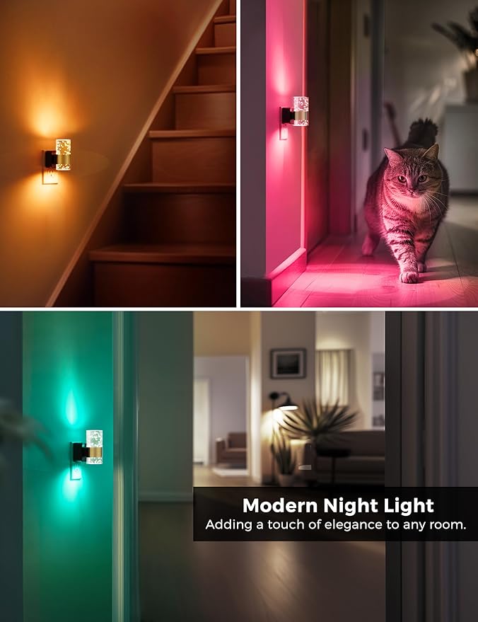 Night Lights Plug into Wall, Color Changing Night Light with Rotatable Plug, Dusk to Dawn Light Sensor and Adjustable Brightness, Elegant Design Night Light for Kids Bedroom,Bathroom, 2 Pack