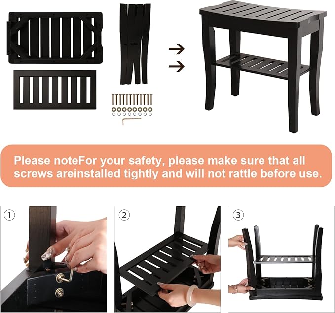 VVW 19 Inch 2-Tier Bamboo Shower Bench - Bathroom Bench Seat with Storage Shelf, Wooden Spa Seat with Non-Slip Feet Bath Stool for Adults Women Elderly, (Black)