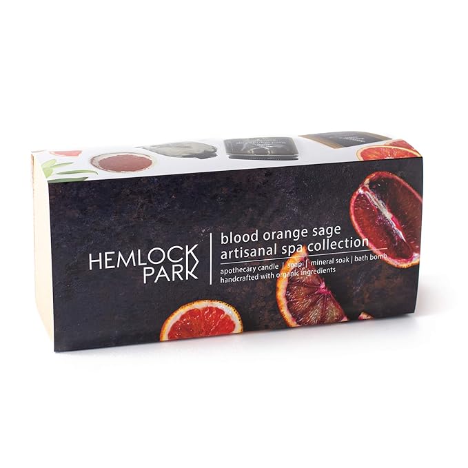 Hemlock Park Blood Orange Sage Artisanal Spa Gift Box | Apothecary Candle, Shea Butter Soap, Bath Bomb, Mineral Salt Bath Soak | Handcrafted with Plant Based Ingredients