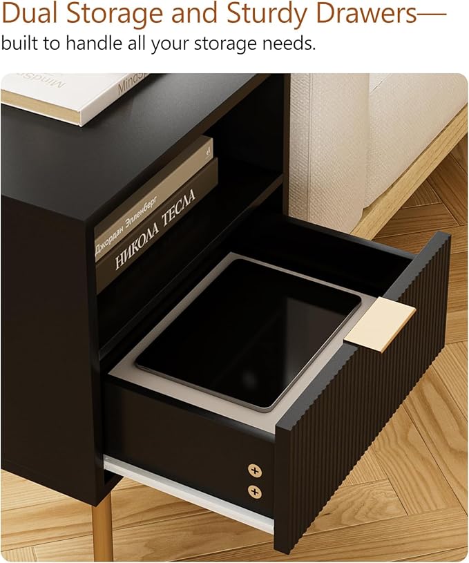 Masupu Nightstand,Mid-Century Modern Bedside Table with Storage Drawer and Open Wood Shelf,Small Gold Frame Side Table for Bedroom,Living Room,Black