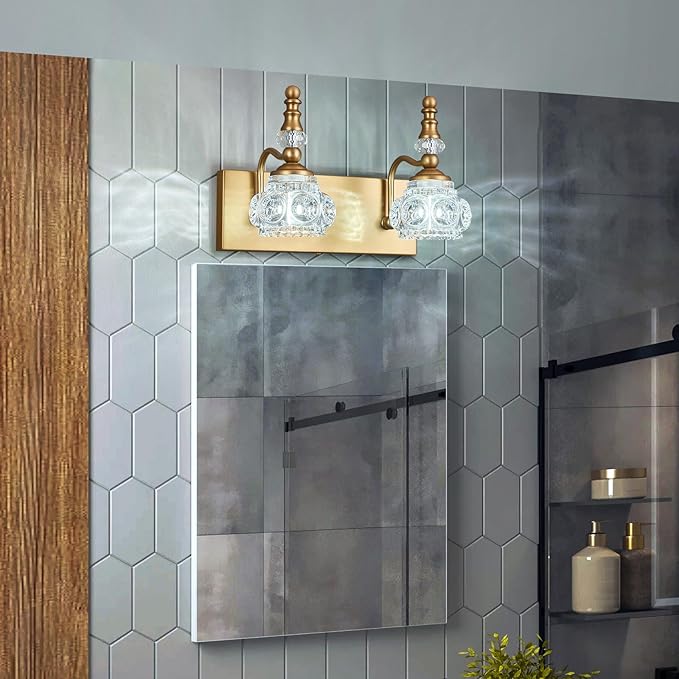 Modern Glass Crystal Vanity Light - Vintage Bathroom Lighting Fixtures Over Mirror, 2 Light Vanity Lights G9 Bulb (11.81 Inch,Brass)