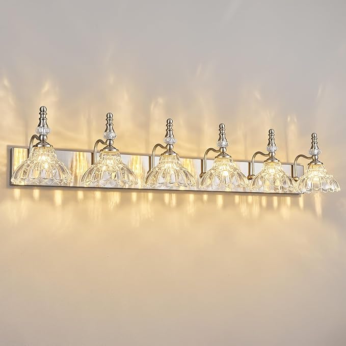 Vintage Bathroom Vanity Light, 6-Light Brushed Nickel Vanity Lighting Fixture with Flower Glass Shade, Bathroom Lighting Fixtures Over Mirror