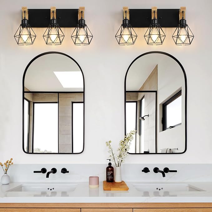 3-Light Farmhouse Bathroom Vanity Light Fixtures, Wood Bathroom Light Over Mirror, Rustic Sconces Wall Lighting with Elegant Metal Lampshade for Living Room, Bedroom, Hallway