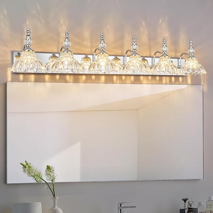 Vintage Bathroom Vanity Light, 6-Light Chrome Vanity Lighting Fixture with Flower Glass Shade, Bathroom Lighting Fixtures Over Mirror