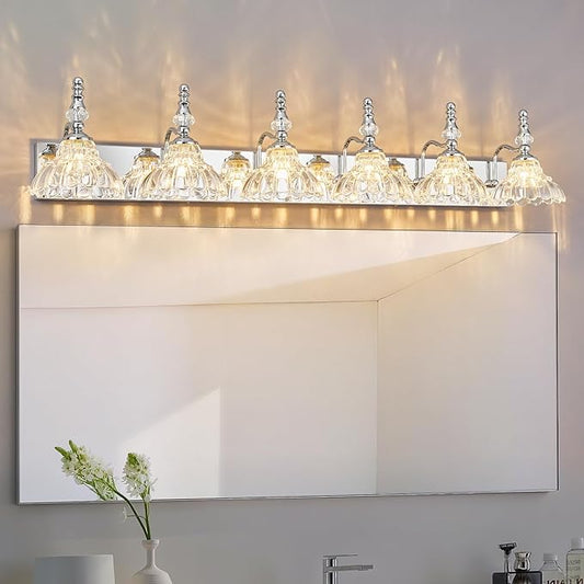 Vintage Bathroom Vanity Light, 6-Light Chrome Vanity Lighting Fixture with Flower Glass Shade, Bathroom Lighting Fixtures Over Mirror
