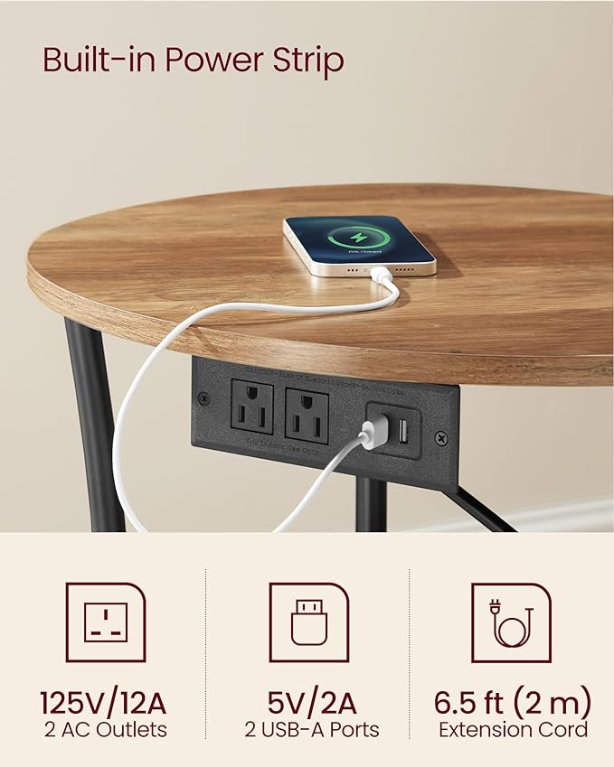 VASAGLE Side Table, 2-Tier Round End Table with Power Outlets, Nightstand with Steel Frame for Small Spaces, Living Room, Bedroom, Honey Brown and Ink Black ULET077K02