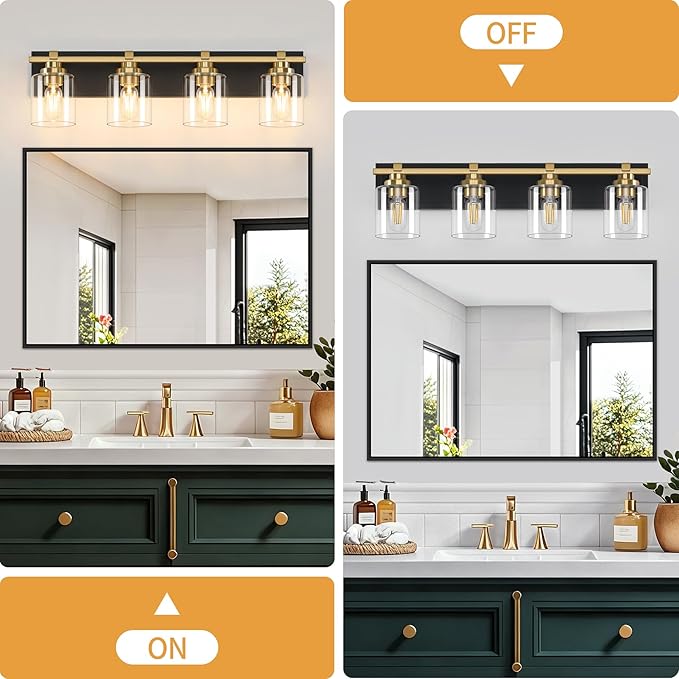 4 Light Modern Bathroom Light Fixtures Over Mirror, Black Gold Vanity Lights for Bathroom Wall Sconces with Clear Glass Shades, E26 Socket (Bulbs Not Included)