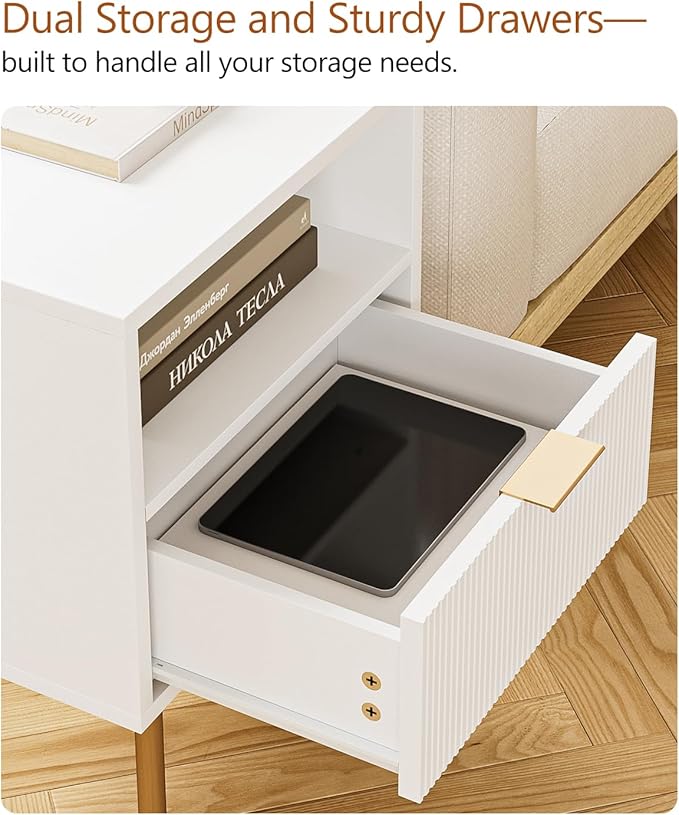 Masupu Nightstand,Mid-Century Modern Bedside Table with Storage Drawer and Open Wood Shelf,Small Gold Frame Side Table for Bedroom,Living Room,White