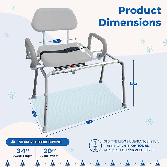 Carousel Sliding Shower Chair Transfer Bench with Swivel Seat, Premium Padded Bath, with Pivoting Arms, Adjustable Space Saving Design for Tubs, Shower, for Handicap & Seniors, Gray