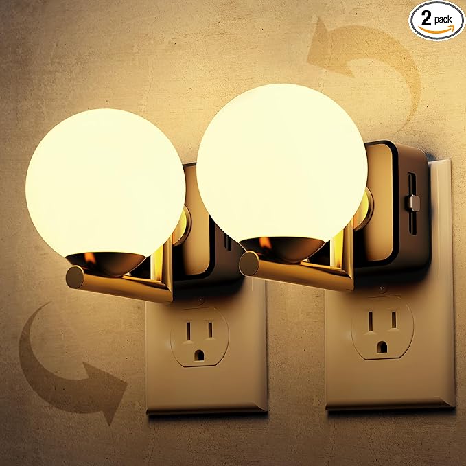 L LOHAS LED Night Lights Plug Into Wall 2 Pack, Dusk to Dawn Sensor, 3000K Nightlight, 0-100LM Adjustable Brightness, 180°Rotating Plug in Night Light for Bathroom, Hallway, Bedroom, Stairway