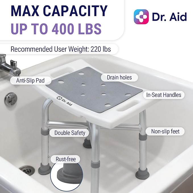 Dr. Aid Shower Chair for Inside Shower with 5-Height Adjustable Bath Seat for Adults, Seniors & Disabled, 3-Minute Tool-Free Assembly, Non-Slip Bathroom Seat for Tub & Small Showers