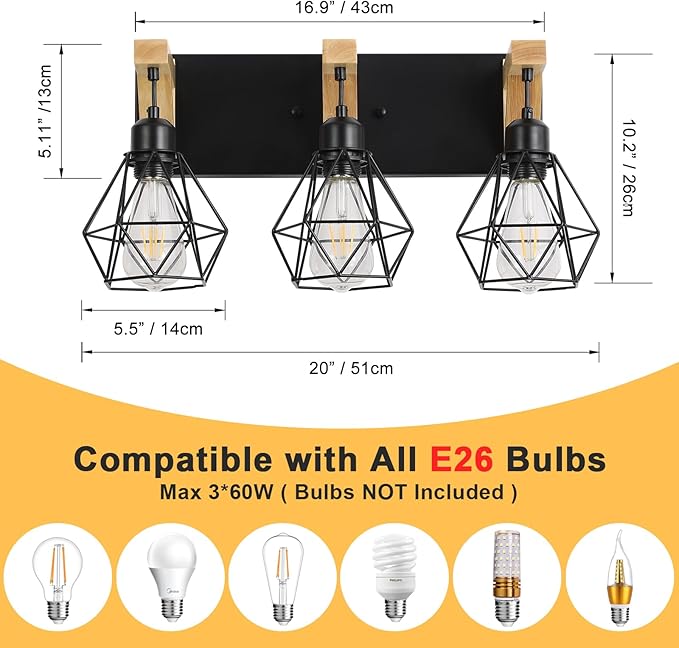 3-Light Farmhouse Bathroom Vanity Light Fixtures, Wood Bathroom Light Over Mirror, Rustic Sconces Wall Lighting with Elegant Metal Lampshade for Living Room, Bedroom, Hallway