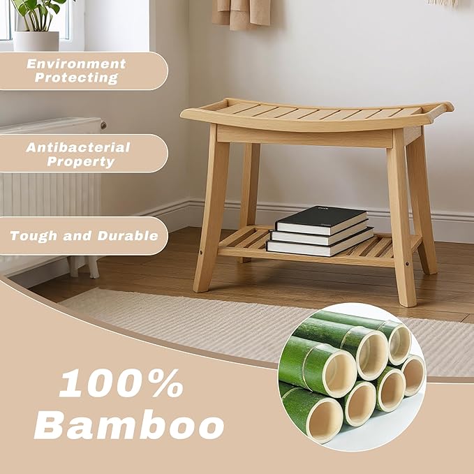 Bamboo Shower Bench Stool,24" Shower Chair Seat Non-Slip,Waterproof Bathroom Bench with Storage Shelf for Adults,Elderly, Disabled Indoor&Outdoor Use (Natural)