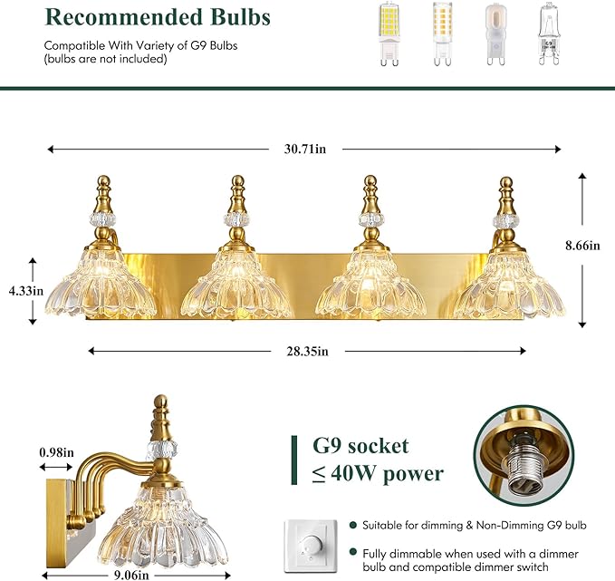 Vintage Bathroom Vanity Light, 4-Light Gold Vanity Lighting Fixture with Flower Glass Shade, Bathroom Lighting Fixtures Over Mirror