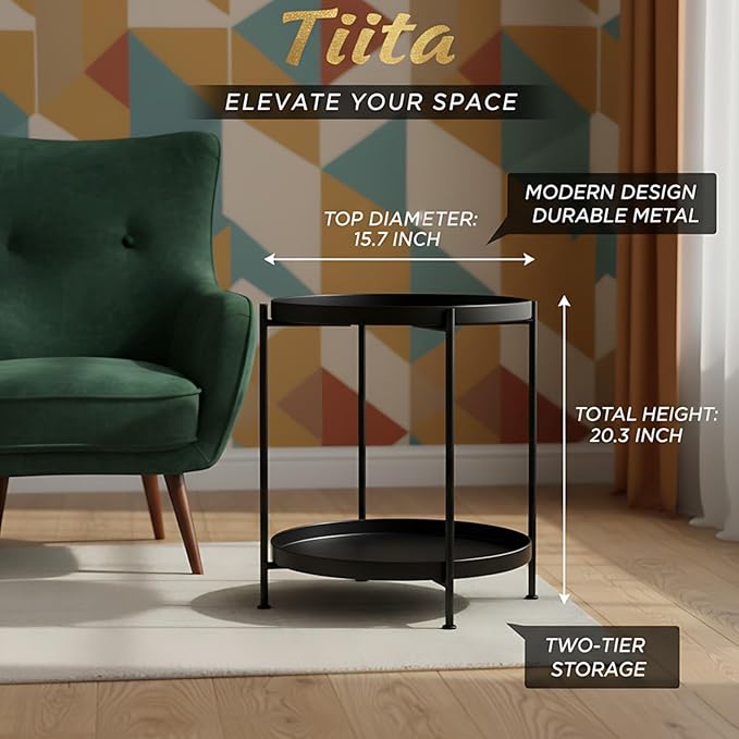 Tiita Round End Table Mental 2-Tier Side Table Nightstand/Small Iron Tables Accent Coffee Table for Living Room Bedroom Office Small Space