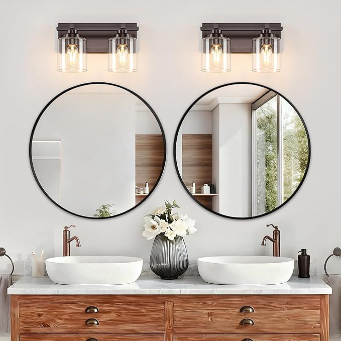 2 Light Modern Bathroom Light Fixtures Over Mirror, Bronze Finish Vanity Lights for Bathroom Wall Sconces with Clear Glass Shades, E26 Socket (Bulbs Not Included)