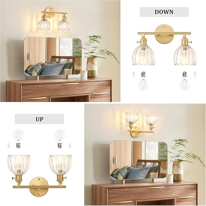 Bathroom Light Fixtures, 2-Light Brass Vanity Wall Light Over Mirror with Clear Tulip Glass Shade for Bedroom Living Room (Bulb Not Included)