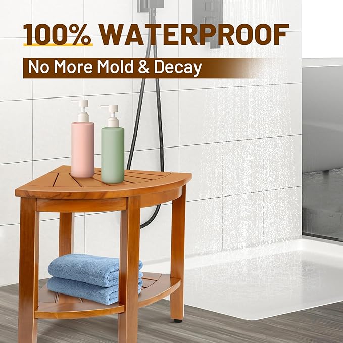 18" Premium Teak Corner Shower Bench with Shelf, Solid Teak Shower Stool, Durable Waterproof Wooden Seat for Inside Shower, Teak Wood Bench for Bathroom, Indoor & Outdoor Use