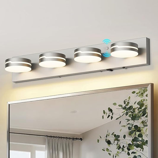 26" Motion Sensor Vanity Light Brushed Nickel, 3CCT 4-Light Modern LED Bathroom Lighting Fixtures Over Mirror, Dimmable Rotatable Head Wall Sconce, 3000K-6000K Color Selectable