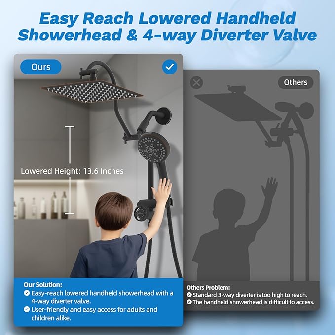 Hibbent Upgraded All Metal 10"Rainfall Showerhead Combo, High Pressure Shower Head with 10-Spray Mode Handheld, Innovative 4-way Diverter with Pause Mode, 71'' Hose and Holder, Oil Rubbed Bronze