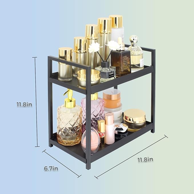 2-Tier Countertop Organizer for Bathroom – Cosmetic Organizer Rack and Storage Shelf for Bedrooms, Offices, Kitchen Counters, and Under Sinks (Black)