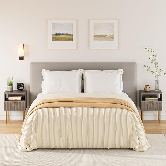 Masupu Night Stand,Mid-Century Modern Bedside Table with Storage Drawer and Open Wood Shelf,Small Gold Frame Side Table for Bedroom,Living Room, Grey