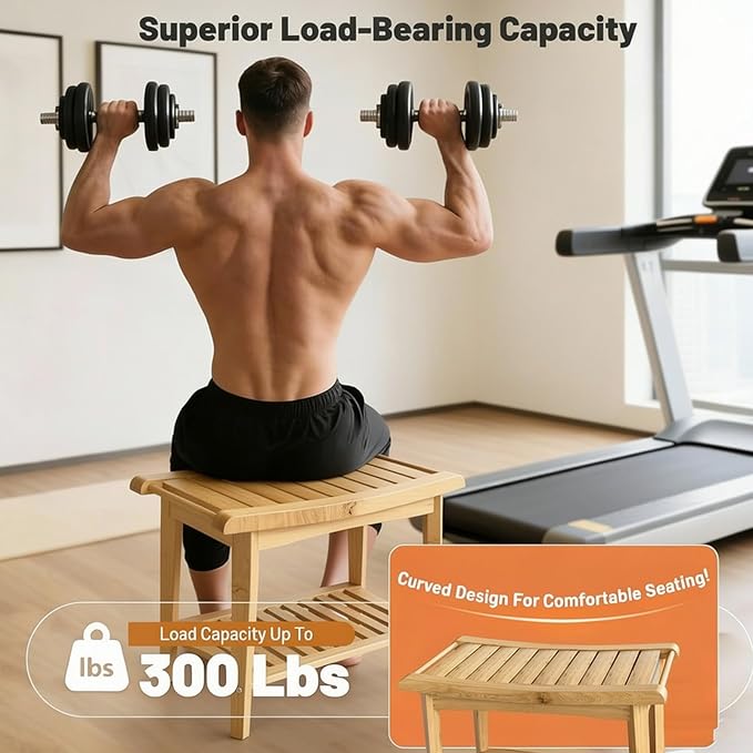 Bamboo Shower Bench with Storage Shelf, Waterproof Bath Stool for Bathroom, Spa Chair for Sitting, Shaving Legs, Elderly & Senior Safe, Heavy-Duty Bath Bench Chair, 23", 300 lbs Capacity (Wood Color)