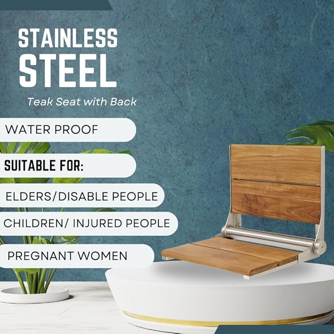 Teak Shower Seat - Contour Wood / Folding Wall Mount Bench for Inside Shower / ADA Safety Assist / 304 Stainless Steel / Brushed Finish / 26" x 16"