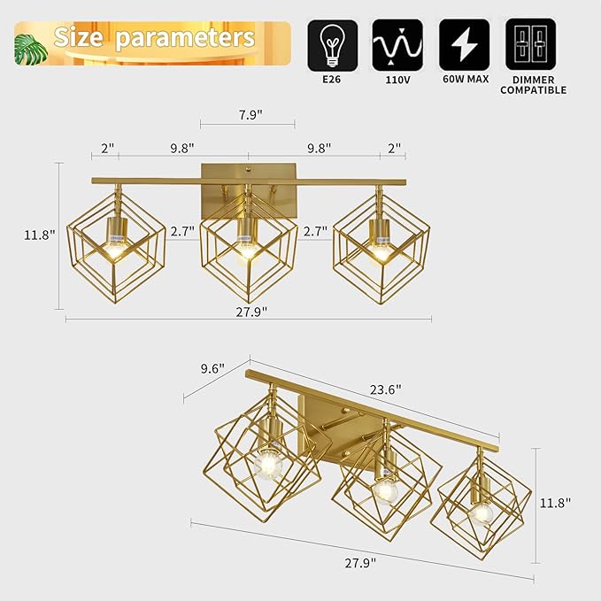 Bathroom Vanity Light with 3 Bulbs Bathroom Light Fixtures Over Mirror with 3 Rotatable Cube Shades Modern Wall Mounted Brushed Brass Gold