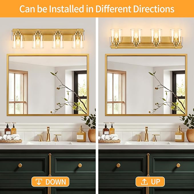 4 Light Modern Bathroom Light Fixtures Over Mirror, Brass Finish Vanity Lights for Bathroom Wall Sconces with Clear Glass Shades, E26 Socket (Bulbs Not Included)