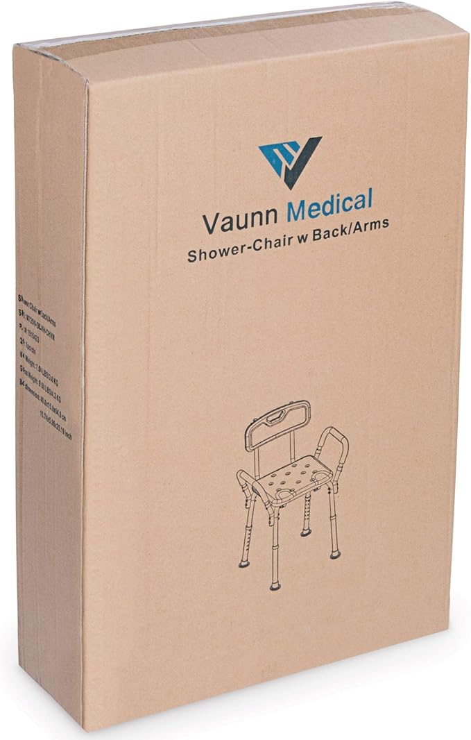Vaunn Medical Deluxe Spa Shower Chair with Arms and Back, Bath Seat for Seniors, 350 lbs Max Weight, White With Light Gray Arms