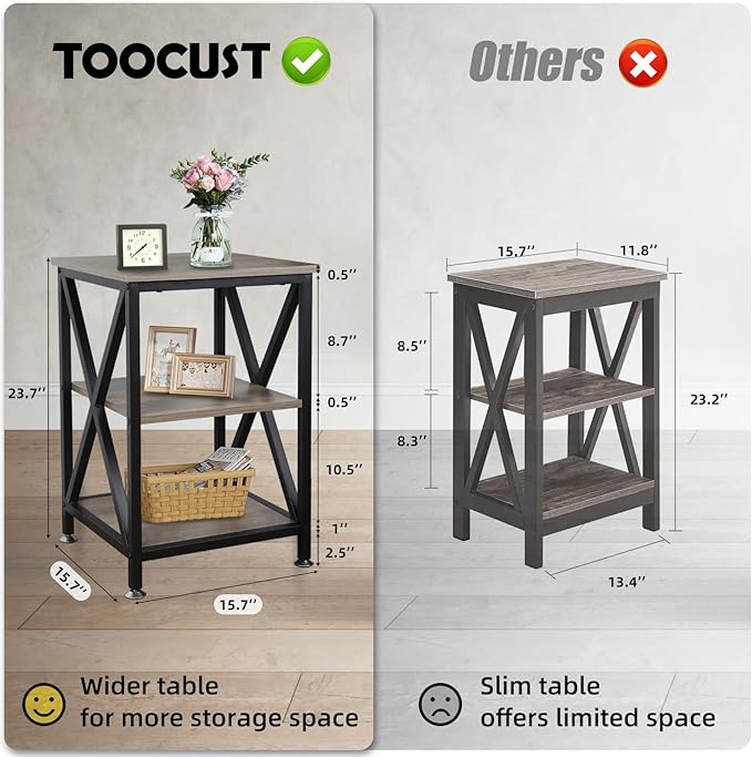 TooCust End Tables Living Room, 16" D x 16" W x 24" H, Indoor SideTables Living Room with Storage Shelf, Square End Table, X-Shaped Night Stands for Bedroom, Farmhouse Wood End Tables, Grey