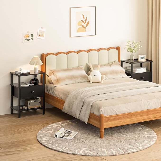 Lerliuo Nightstand Set of 2 with Charging Station and USB Ports, 3-Tier Storage End Table with Drawer Shelf, Night Stand for Small Spaces, Wood Bedside Table for Living Room, Bedroom - Classic Black