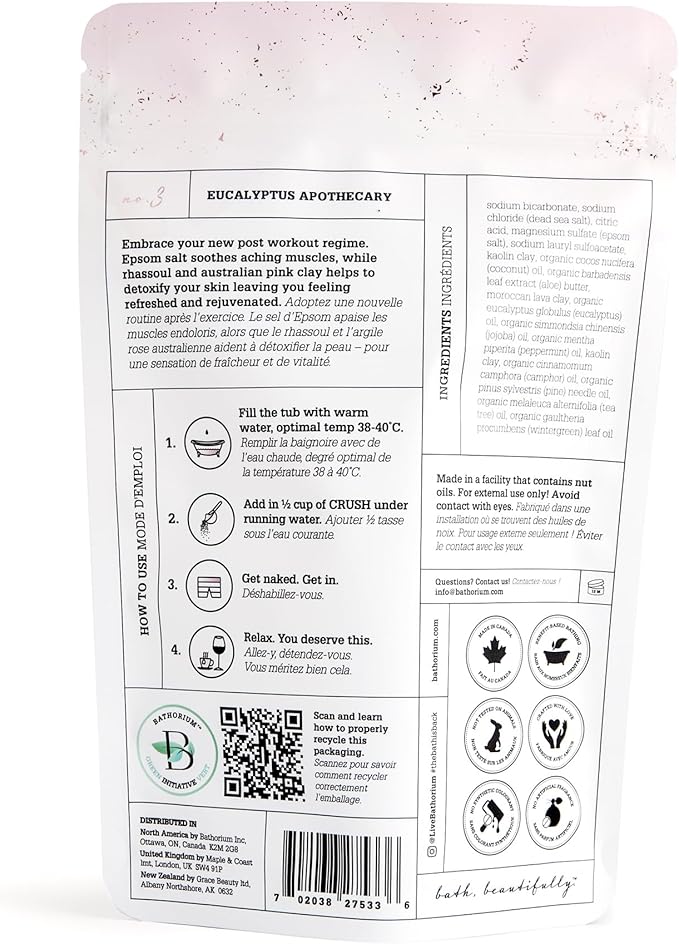 Bathorium Eucalyptus Apothecary Crush, Muscle Recovery Bath Soak, Eucalyptus & Tea Tree Oils, Post-Workout, Sinus Relief, pH-Balanced, 5+ Baths, 21 oz
