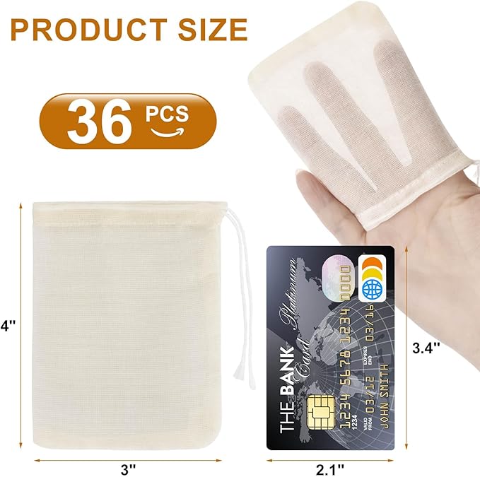36PCS Drawstring Muslin Bags, 3x4In Reusable Empty Tea Bag for Loose Tea, Natural Cotton Unbleached Cheese Cloth Bag, Spice Bags for Filtering Cooking Soups/Herbs/Herbal Tea/Cold-Brewed Coffee