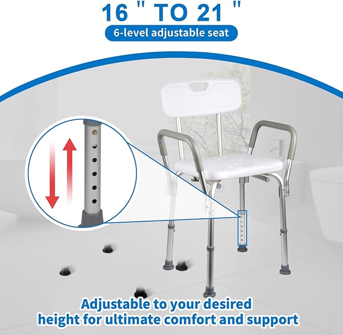 Shower Chair with Back and Padded Arms, Adjustable Height Shower and Bath Bench, Heavy Duty Bath Stool with Nonslip Feet, Tub Chair for Elderly with 350 lb Capacity