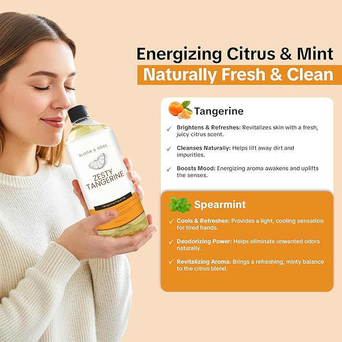 Luxury Liquid Hand Soap Refill - Natural Scented Hand Wash - Gentle Hand Soap with Essential Oils & Aloe Vera - Moisturizing Handwash for Bathroom and Kitchen - Zesty Tangerine Scent, 33.8 fl oz