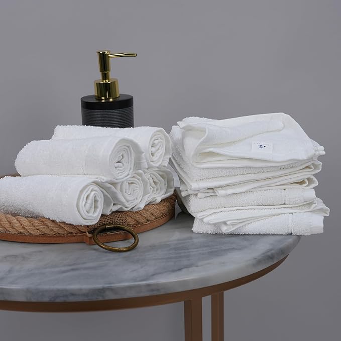 Tens Towels Pack of 12 Washcloths, 12 x 12 Inches, Lighter Weight, Quick to Dry, Super Soft & Absorbent, Gentle Face Towels, Hotel Quality, Perfect for Bathroom, Gym, Spa (White, 12 Pack)