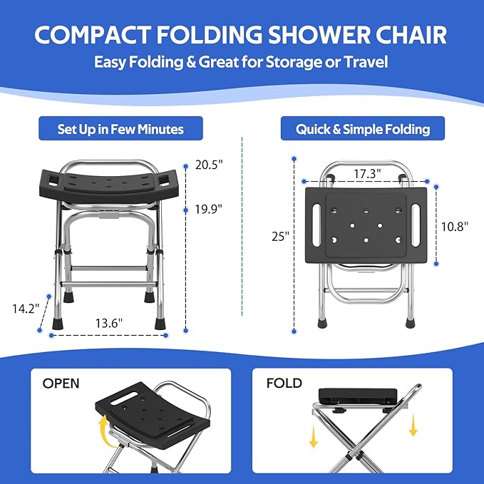 Meday Folding Shower Seat - Stainless Steel Shower Chair for Inside Shower - 420lbs Height Adjustable Foldable Shower Stool - Portable Travel Collapsible Bath Bench for Elderly
