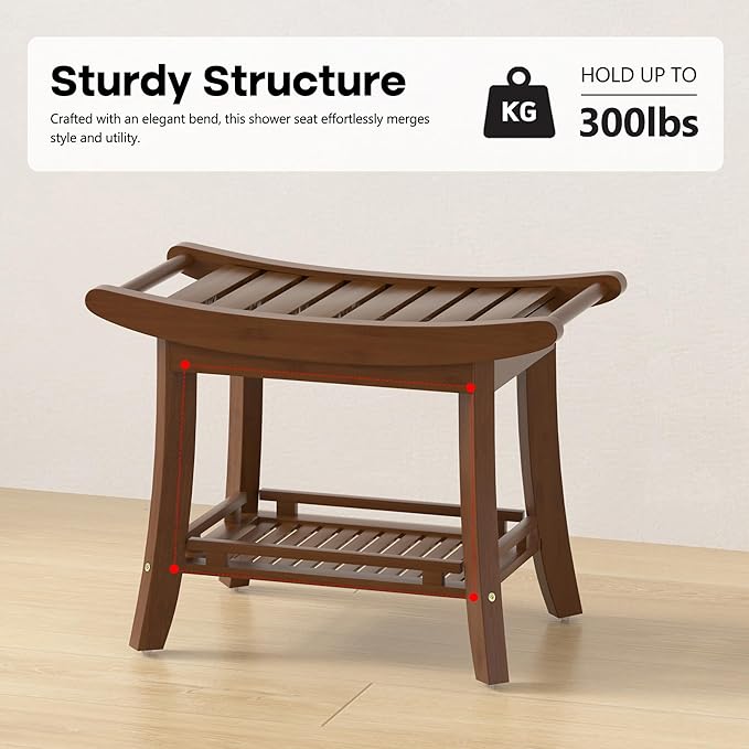 Bamboo Shower Bench Chair Bathroom Shower Stool Seat for Inside Shower Bathtub with Storage Shelf Shower Foot Rest for Shaving Legs 25.2 x 13 x 19.2 Inches Chestnut Brown