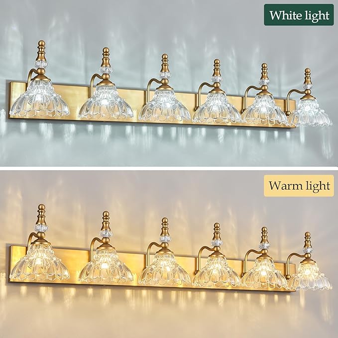 Vintage Bathroom Vanity Light, 6-Light Brass Vanity Lighting Fixture with Flower Glass Shade, Bathroom Lighting Fixtures Over Mirror