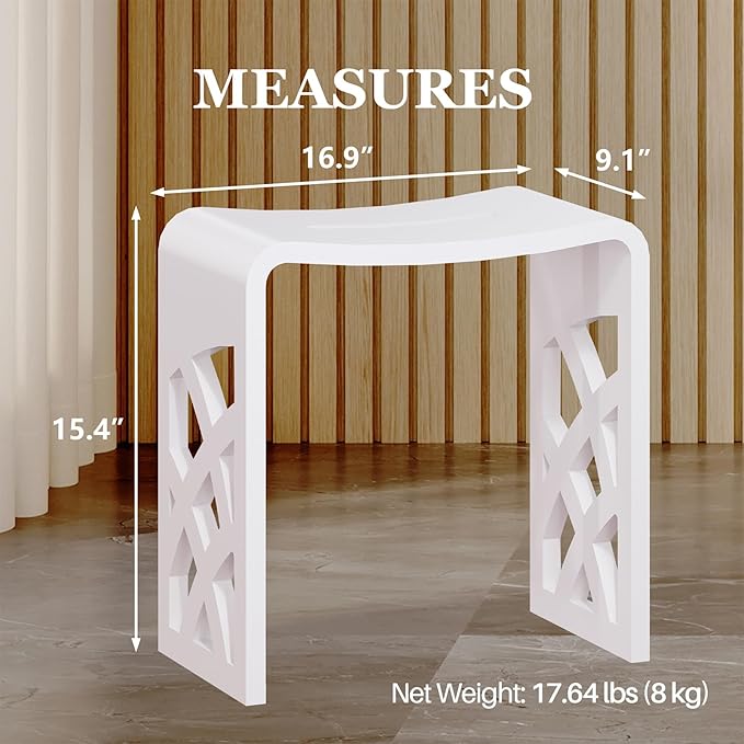 CASAINC Stone Resin Shower Stool for Inside Shower Modern Solid Surface Lattice Side Bathroom Stool Matte White Shower Bench, Approximately 440 lbs Capacity