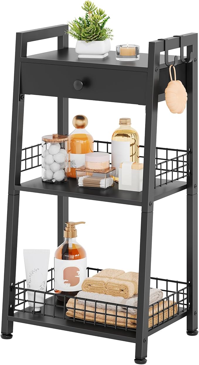 3-Tier Bathroom Ladder Shelf with Drawer, Freestanding Tower Shelf Ladder Bookshelf for Living Room, Bedroom -Black