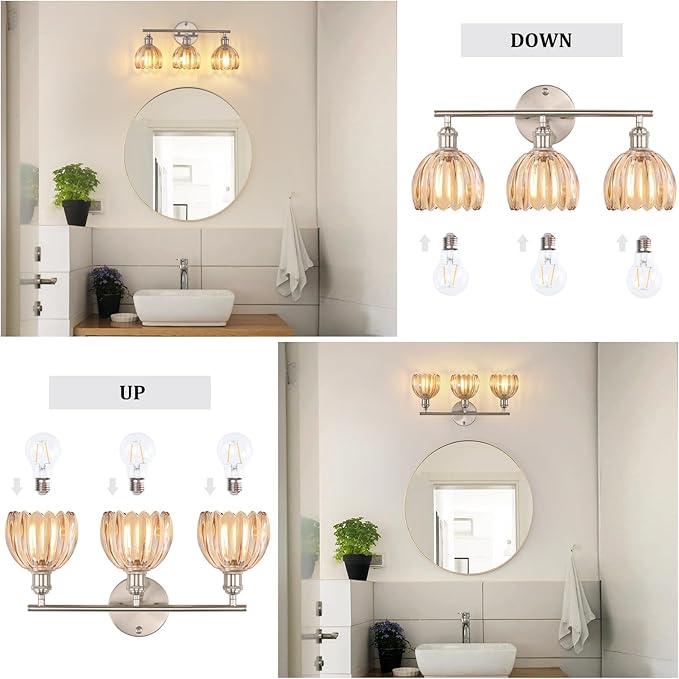 Bathroom Light Fixtures, 3-Light Vanity Wall Light Over Mirror with Amber Tulip Glass Shade for Bedroom Living Room (Bulb Not Included), Satin Nickel