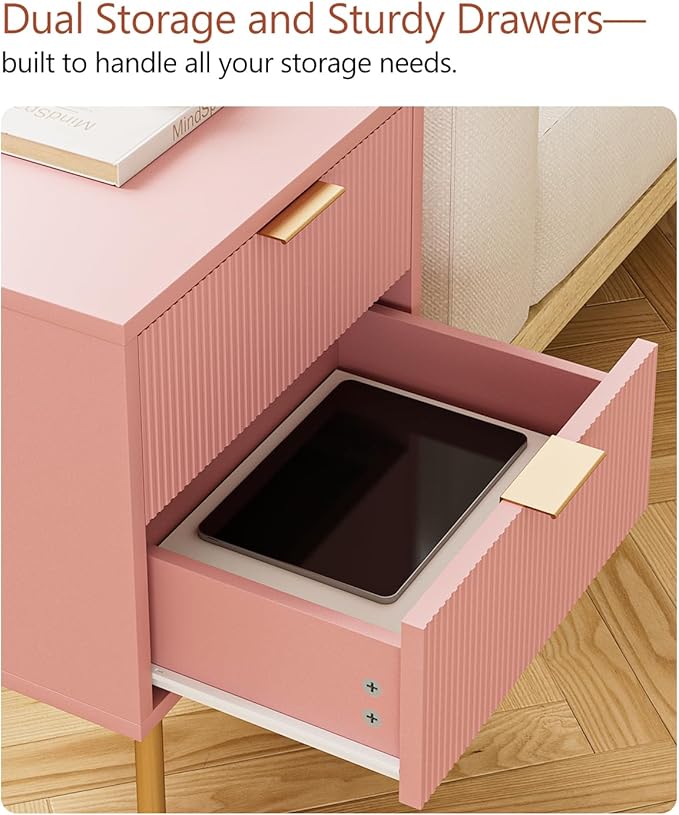 Masupu Night Stand,Mid-Century Modern Bedside Table with 2 Storage Drawer,Small Gold Frame Side End Table for Bedroom,Living Room, Pink
